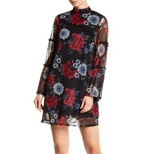 Spirit Of Grace Mesh Floral Mock Neck Mini Dress